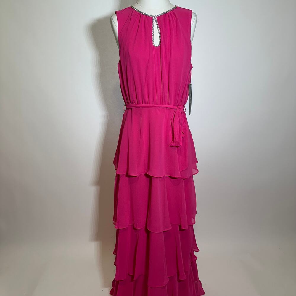 NWD MSK Barbie Pink Keyhole Neck Tiered Chiffon Gown Sleeveless Womens Medium M